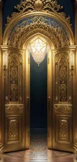 Ornate golden door with intricate design and chandelier lighting.