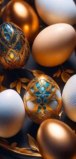 Luxurious golden and white eggs with intricate patterns on a dark background.