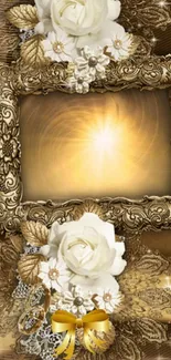 Ornate golden frame with floral design and white roses for mobile wallpaper.