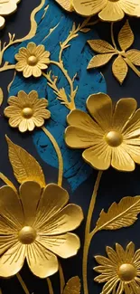 Elegant golden floral wallpaper with black and teal background.