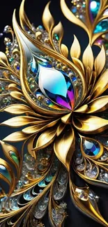 Luxurious golden floral wallpaper with gemstones and vivid reflections.