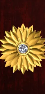 Elegant golden flower with diamond on burgundy background wallpaper.