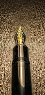 Luxurious gold fountain pen with textured backdrop.