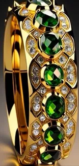 Gold ring with emerald gems and diamonds on dark background.