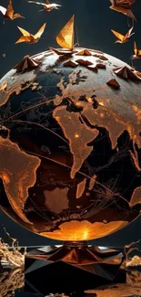 Golden globe with origami birds in artistic design