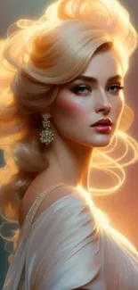 A glamorous woman glowing in golden light, with flowing hair and elegant form.