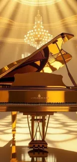A golden grand piano illuminated by chandeliers.