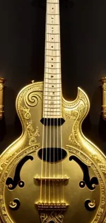Ornate golden guitar art with dark background.