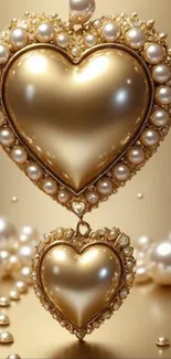 Elegant wallpaper with gold hearts and pearls.
