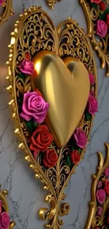 Golden heart with floral design wallpaper for mobile.