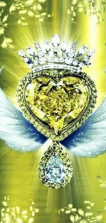 Golden heart with wings on floral background wallpaper.