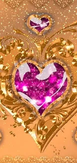 Elegant golden heart wallpaper with floral design and purple highlights.