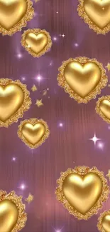 Mobile wallpaper with elegant golden hearts and stars on a purple background.