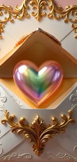 Golden envelope with radiant heart design in luxury style.