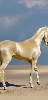 Golden horse standing majestically in the desert.