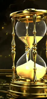 An elegant gold hourglass with sand on a dark background.