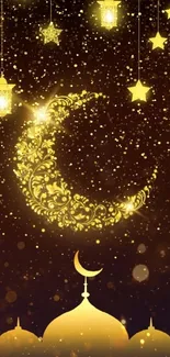 Elegant Islamic wallpaper with golden crescent and stars.