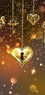 Elegant golden keys with heart design on gradient background.