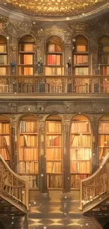 Luxurious golden library with ornate bookshelves and grand staircase.