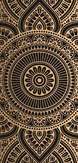 Elegant golden mandala design on a black background for mobile wallpaper.