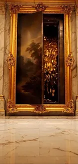 Luxurious golden framed artwork in a marble-adorned room wallpaper.