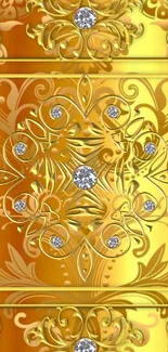 Intricate golden ornamental design with jewels on wallpaper.