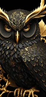 Intricately designed golden owl with black background.