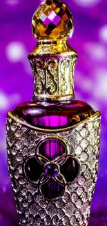 Golden perfume bottle on purple bokeh background.