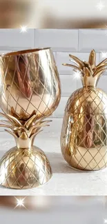 Golden pineapple decor with sparkles on tiled background.