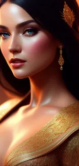 Elegant woman in golden attire with ornate design and glowing background.