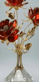 Golden roses with vibrant petals and crystal base.
