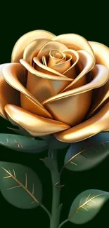 Golden rose with green leaves on a dark background.