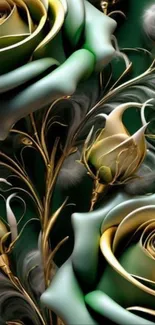 Golden roses with green leaves on a luxurious mobile wallpaper.