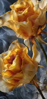 Golden roses against a smoky background.