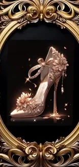Golden high-heeled shoe with floral decor in ornate frame.
