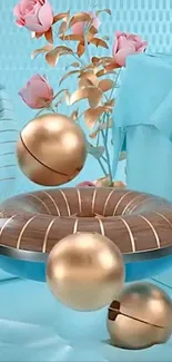 Elegant wallpaper with golden spheres and turquoise backdrop.