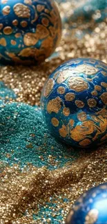 Luxurious blue and gold spheres on glitter background.