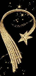 Mobile wallpaper with a golden star and sparkling trails on a black background.