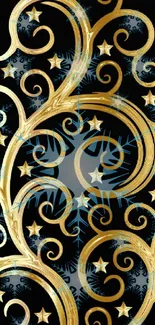 Intricate golden swirls with stars on dark wallpaper for mobile.