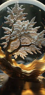 Elegant golden tree encased in a decorative globe on a mobile wallpaper.