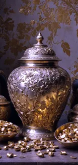 Golden vase with intricate designs and gold accents on display.