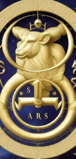 Golden zodiac symbol on a dark celestial background.