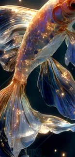 Shimmering goldfish with glowing fins in blue hues.