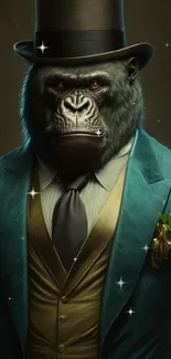 Gorilla in teal suit with top hat looks sophisticated and artistic.