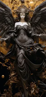 Gothic angel with black wings and golden details in elegant artwork.