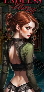 Gothic art wallpaper featuring a red-haired woman in a fantasy setting.