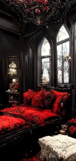 Gothic bedroom wallpaper with luxurious red and black decor featuring ornate details.