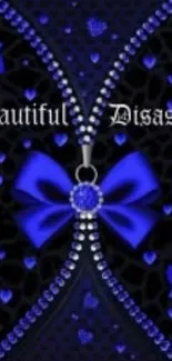 Gothic blue wallpaper with floral and ribbon patterns.