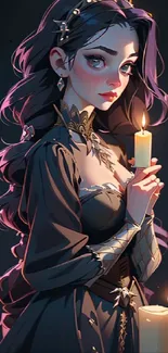 Gothic art wallpaper of a woman holding candles, exuding elegance and mystery.