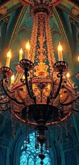 Ornate Gothic chandelier casting warm glow in elegant setting.